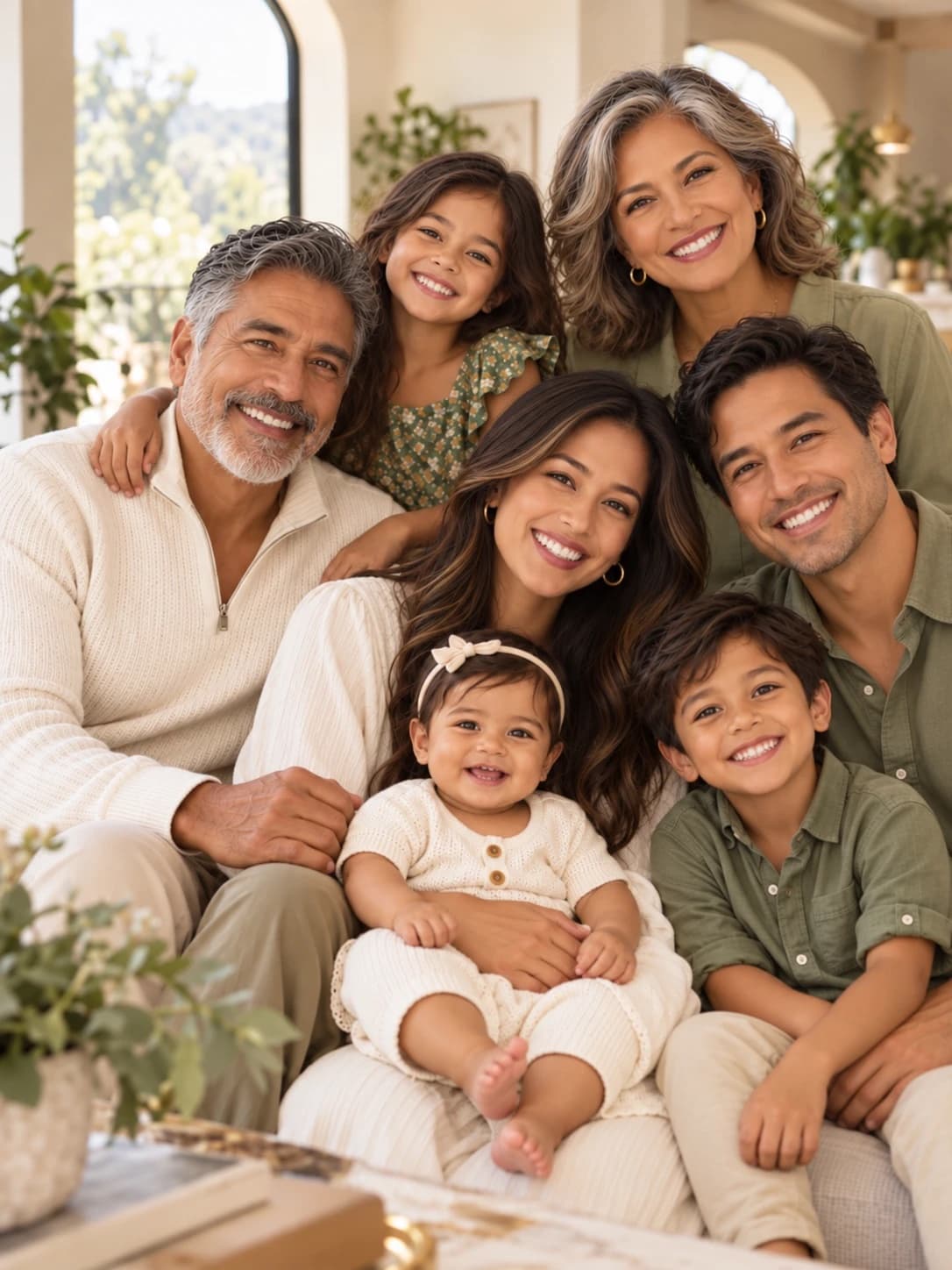 Three generations of a family gathered on a sofa at home — grandparents, parents, two young children and a baby — all smiling at the camera